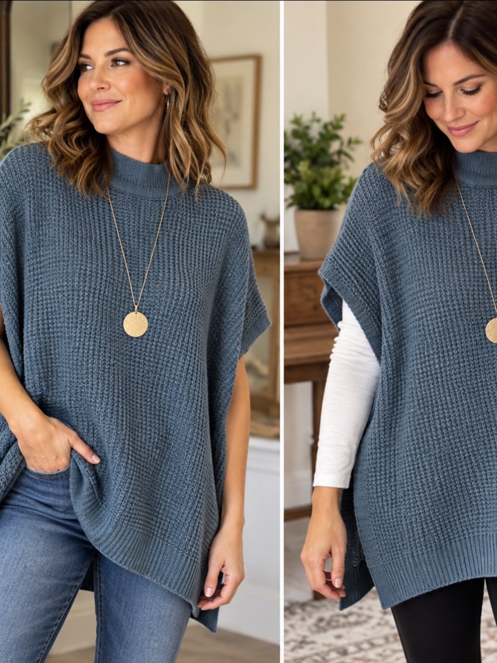 NWT LOFT M/L Blue Mock Neck Open Side Knit Poncho Sweater